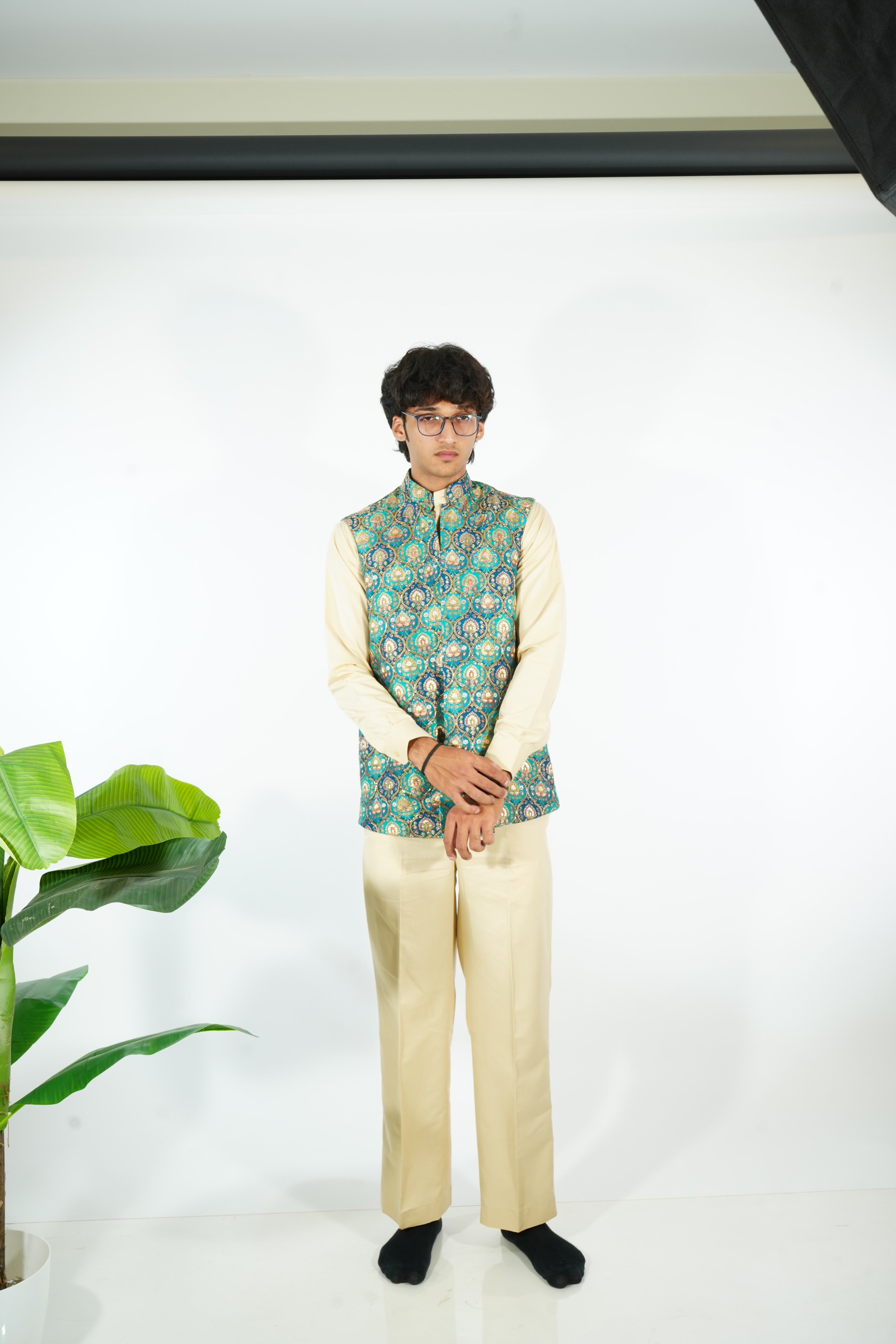 ARSH- teal mughal brocade nehru vest set