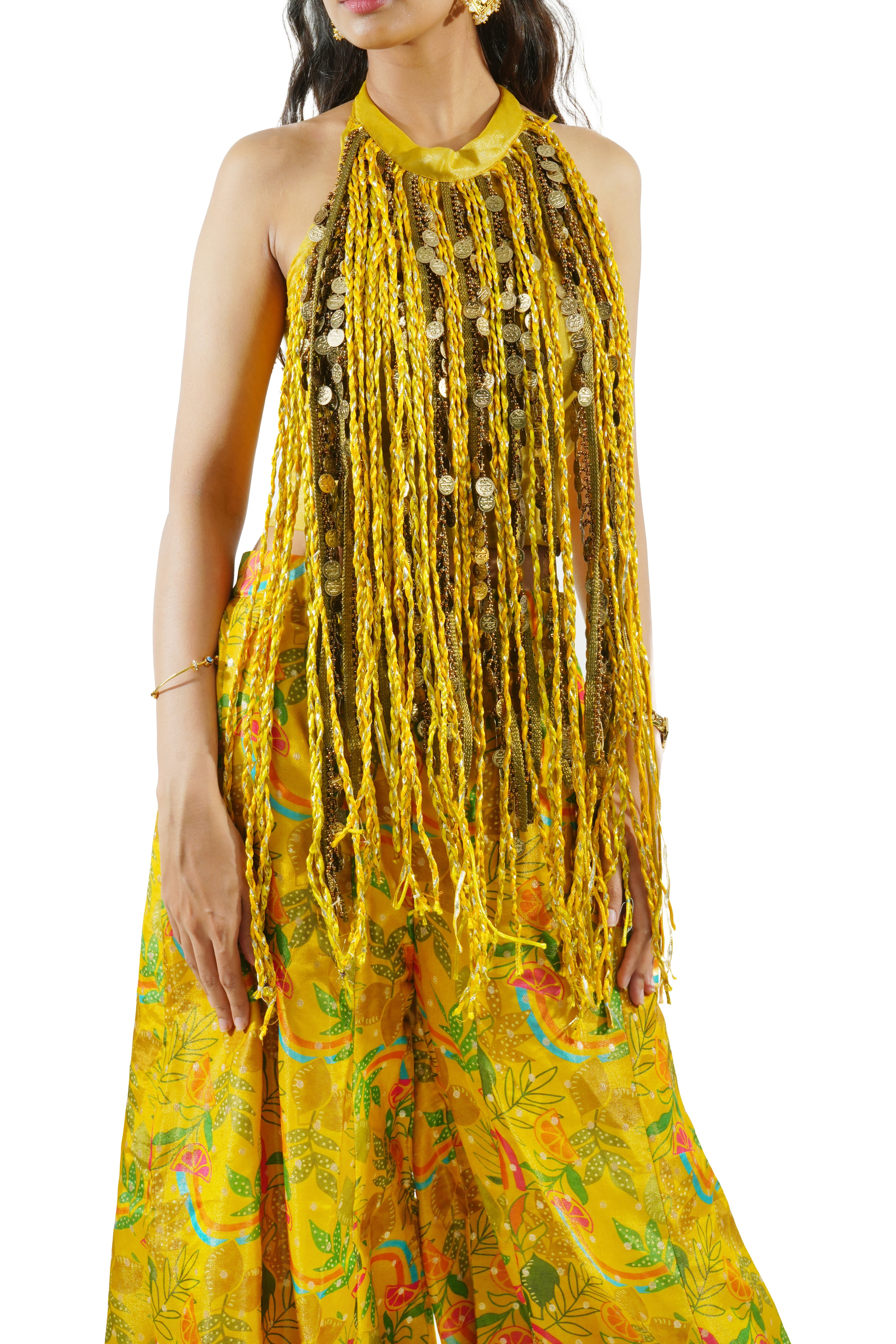 NOORAA - marigold fringe and floral print maxi gown