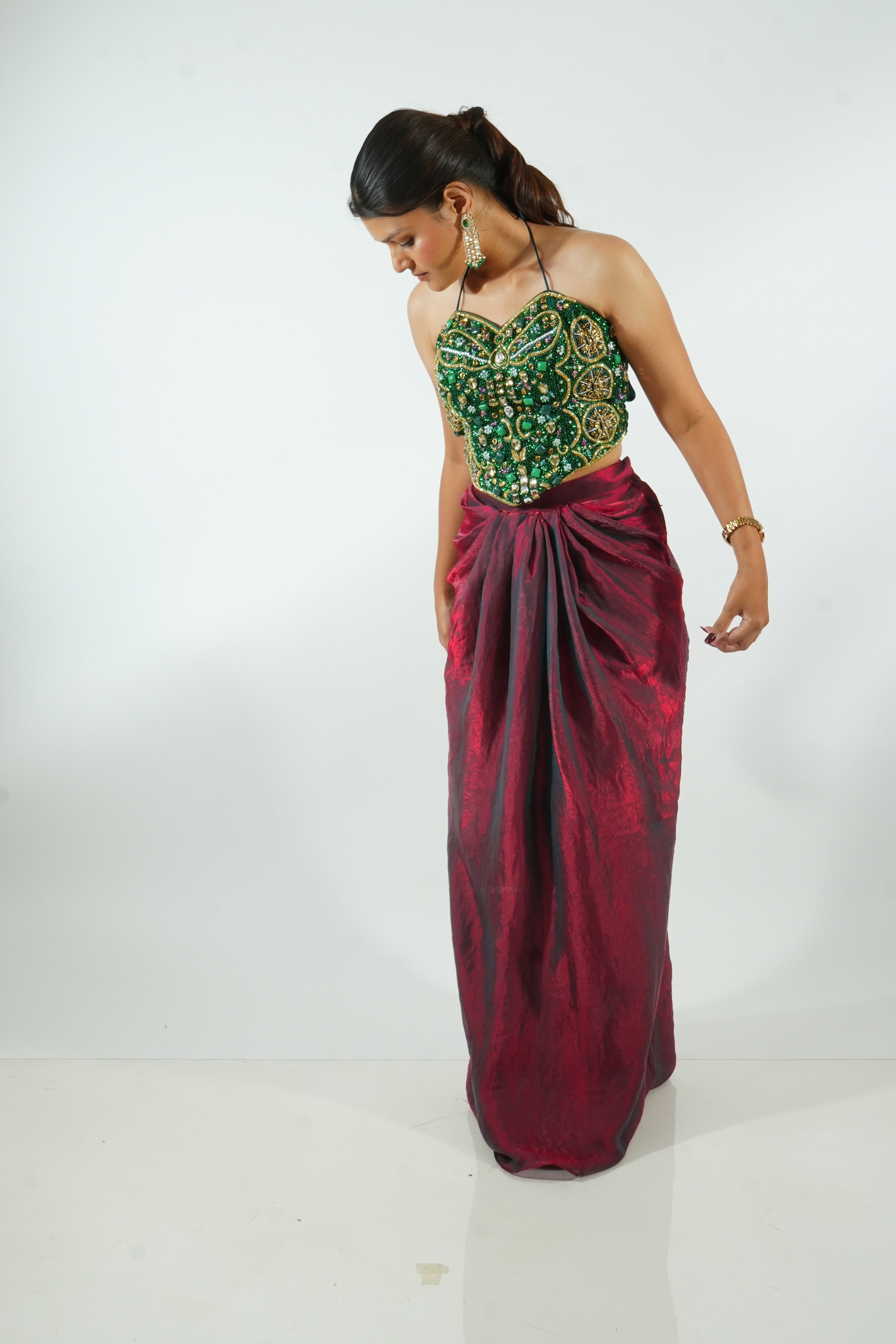 GULNAAR - Emerald Jewelled Corset & Iridescent Drape Skirt