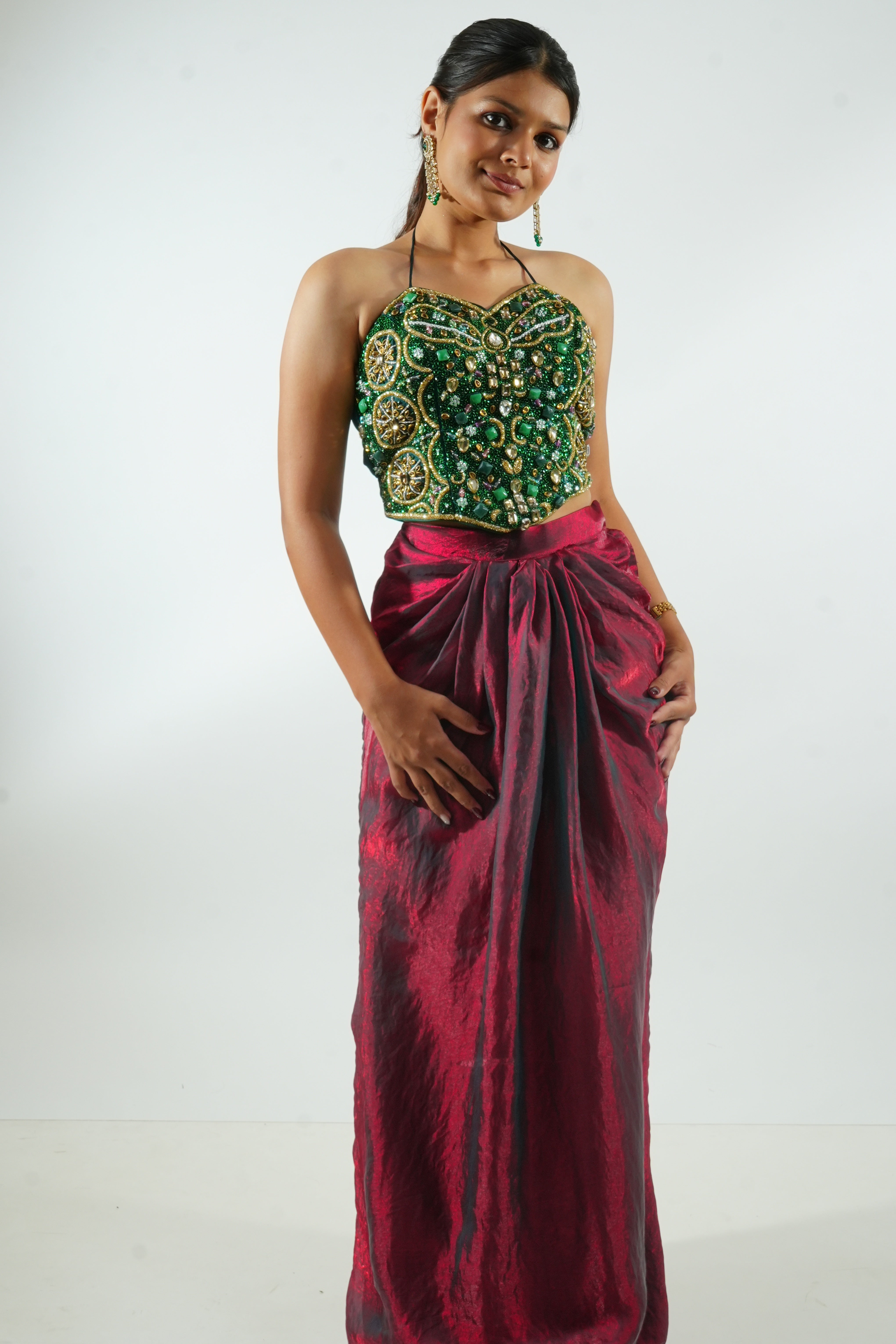 GULNAAR - Emerald Jewelled Corset & Iridescent Drape Skirt