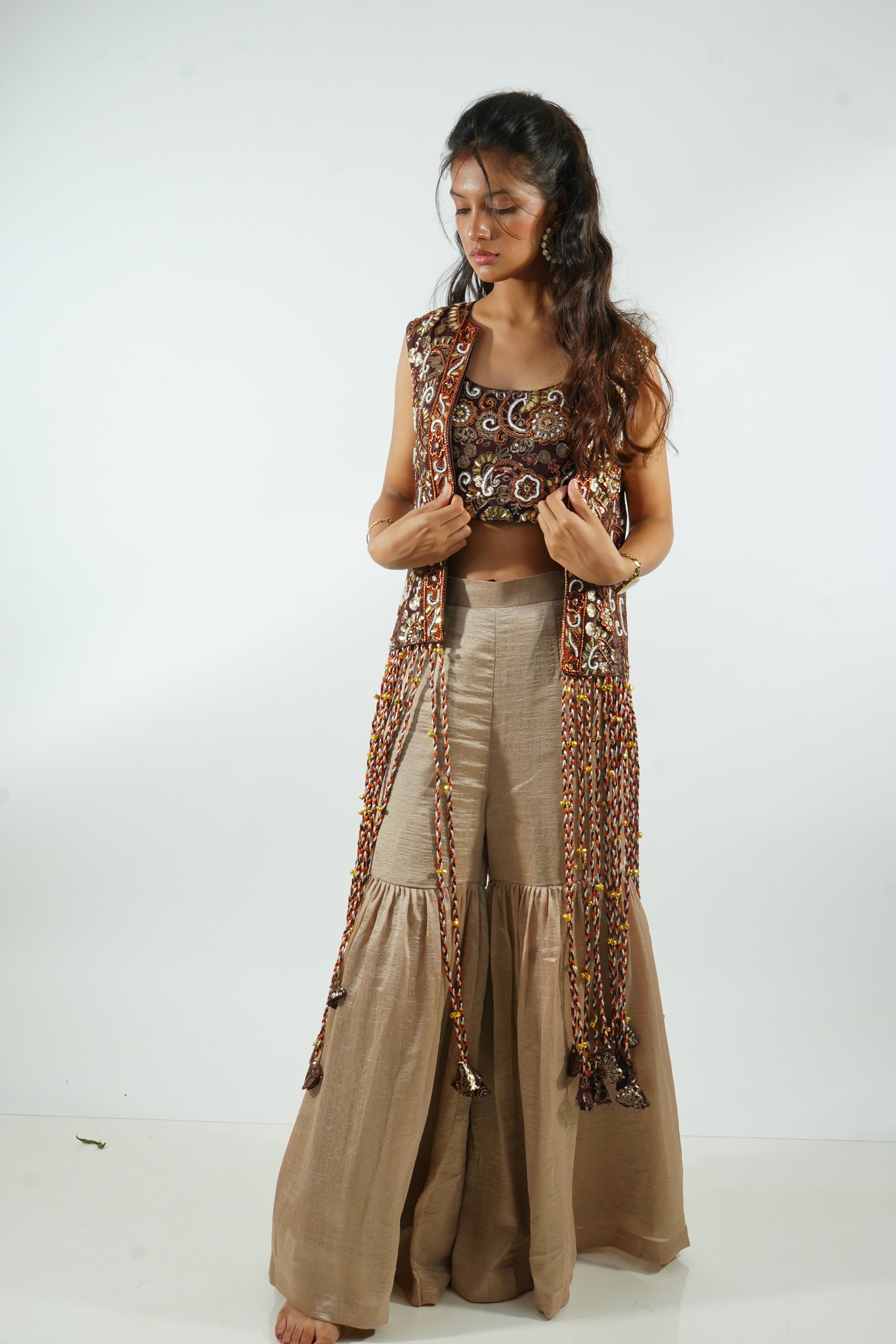 SUHANI - Bronze Fringe Cape & Palazzo Set