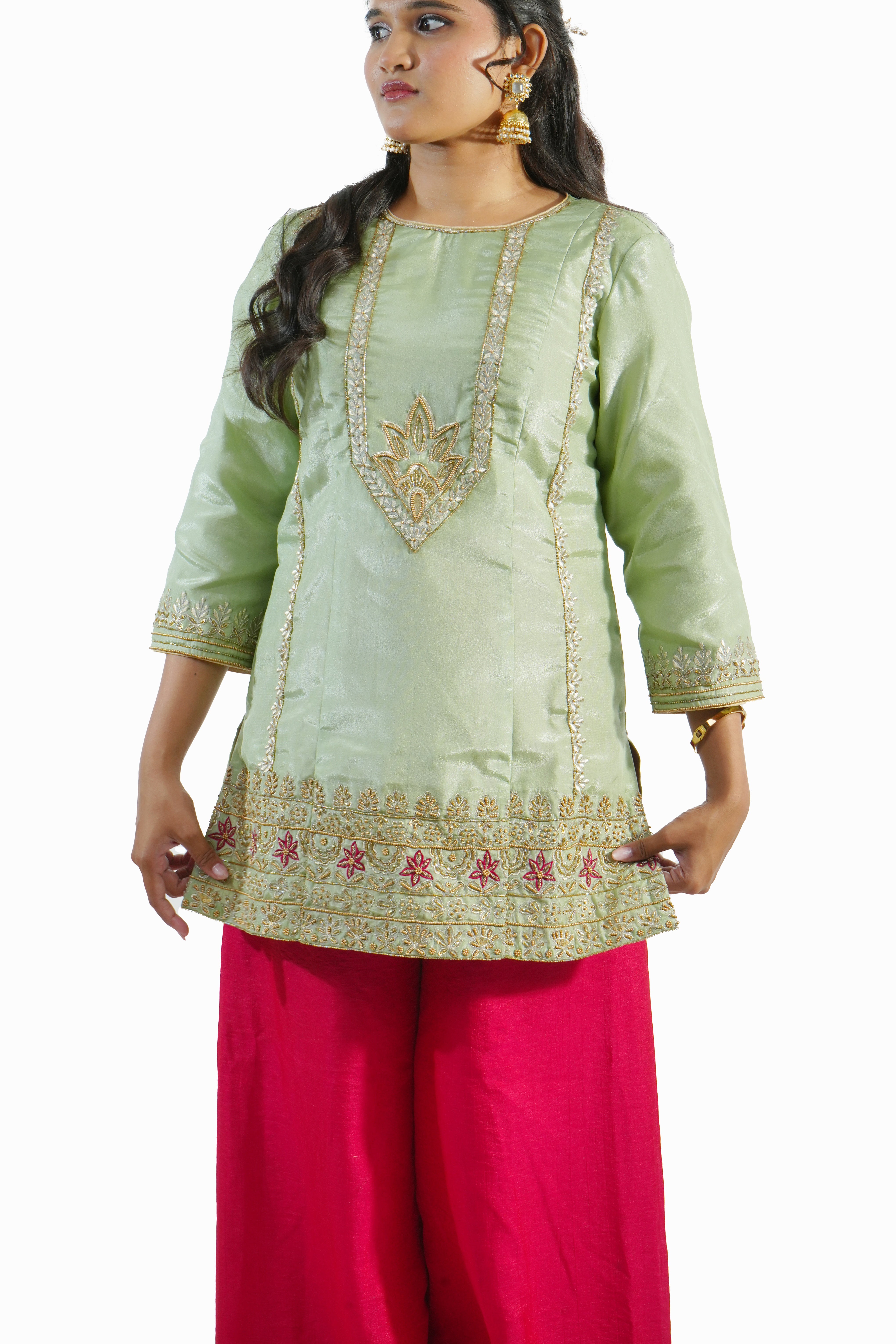 ROOHANI - Pista Green & Crimson Zardozi Sharara Set