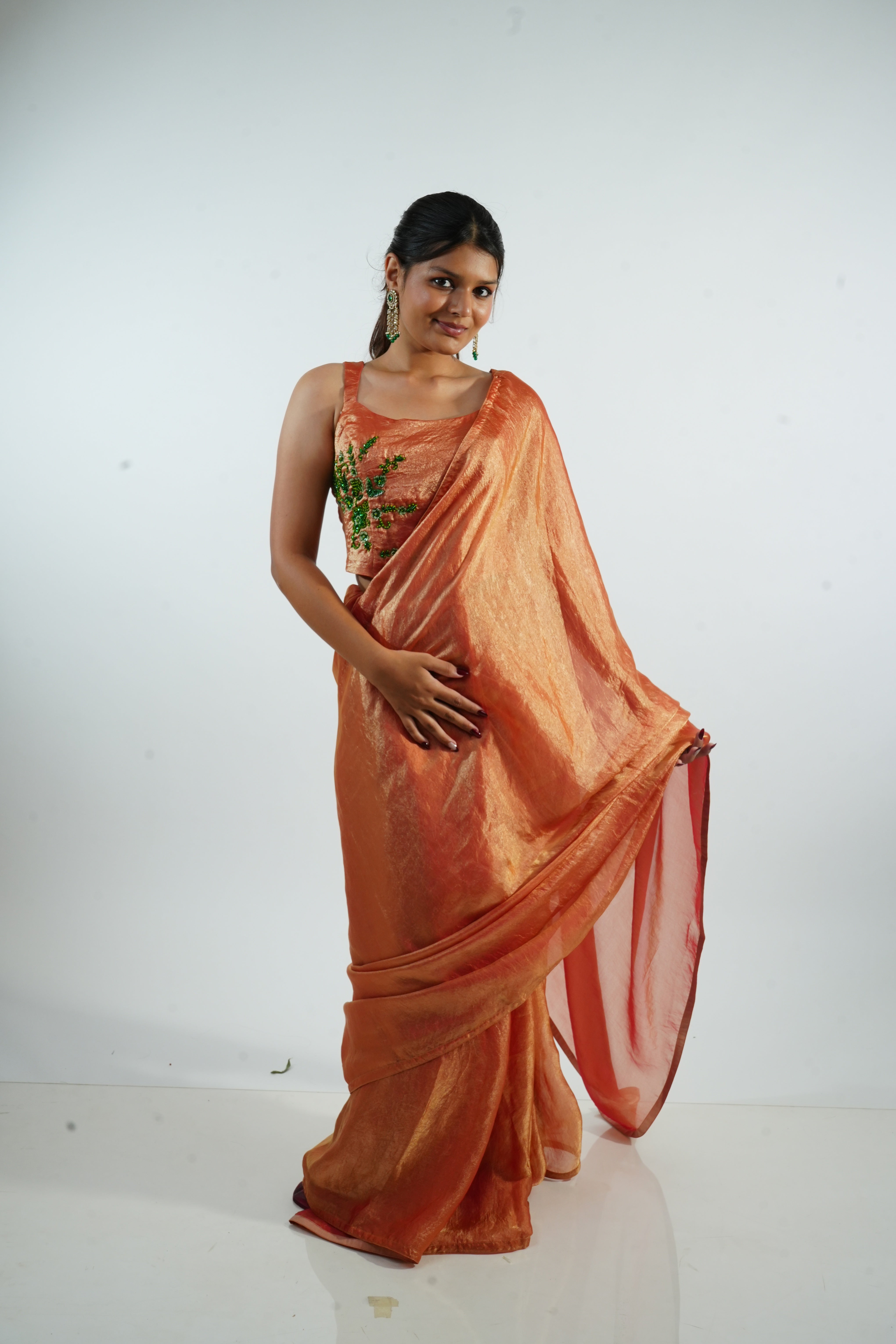 FALAK - Copper Tissue Saree with Green Zardozi Blouse
