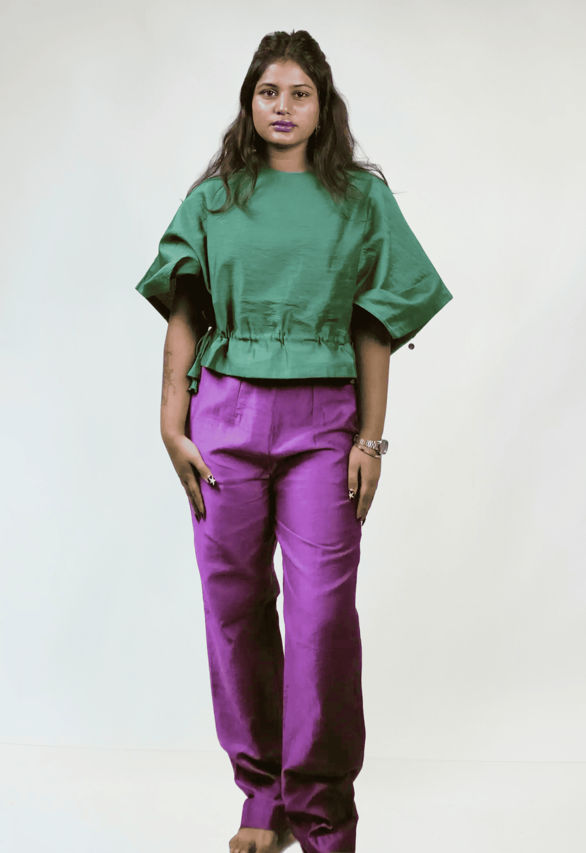 Emerald Green Embellished Top with Plum Straight-Leg Pants