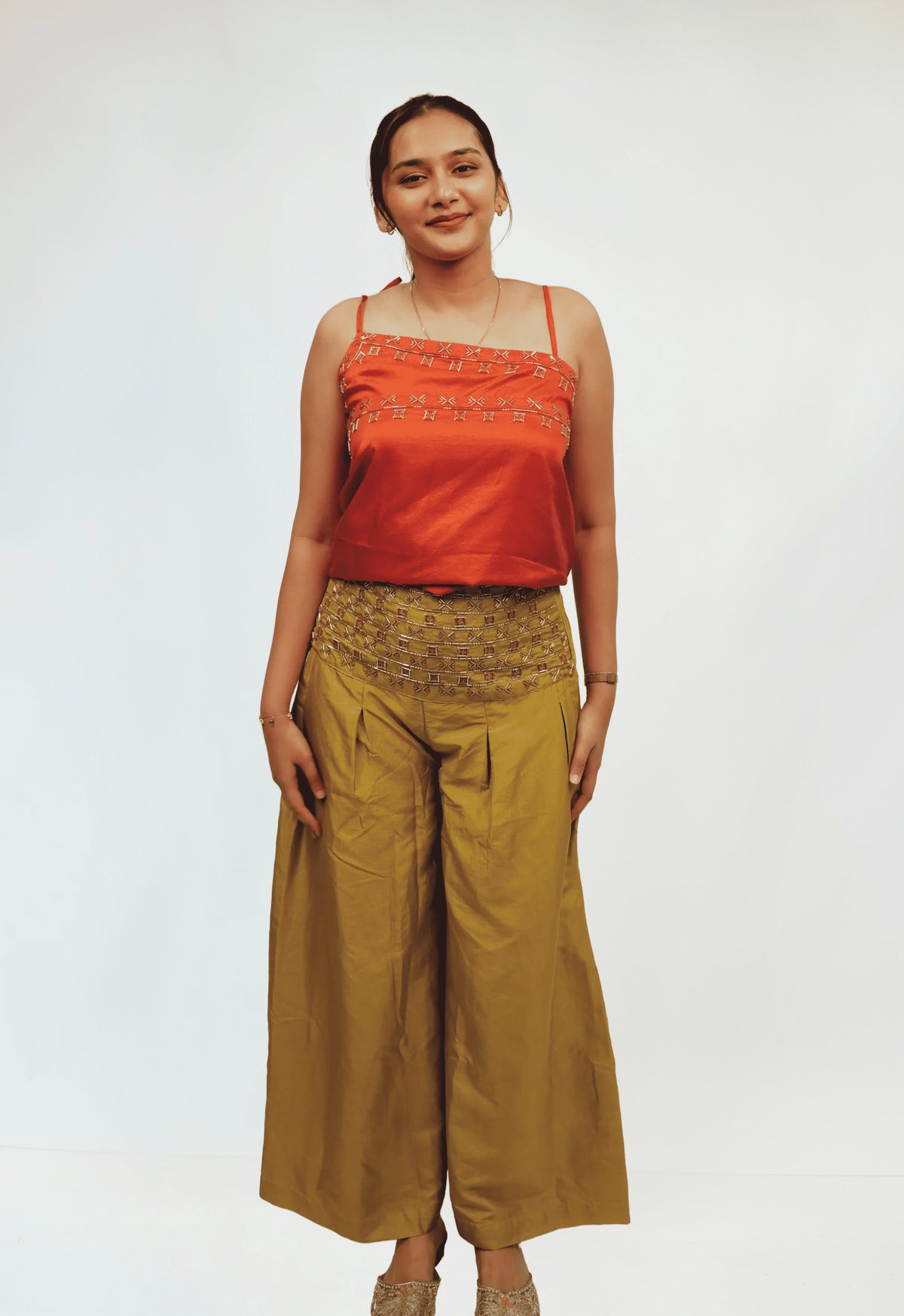 SEREN - Rust Orange Embroidered Camisole with Mustard Wide-Leg Pants