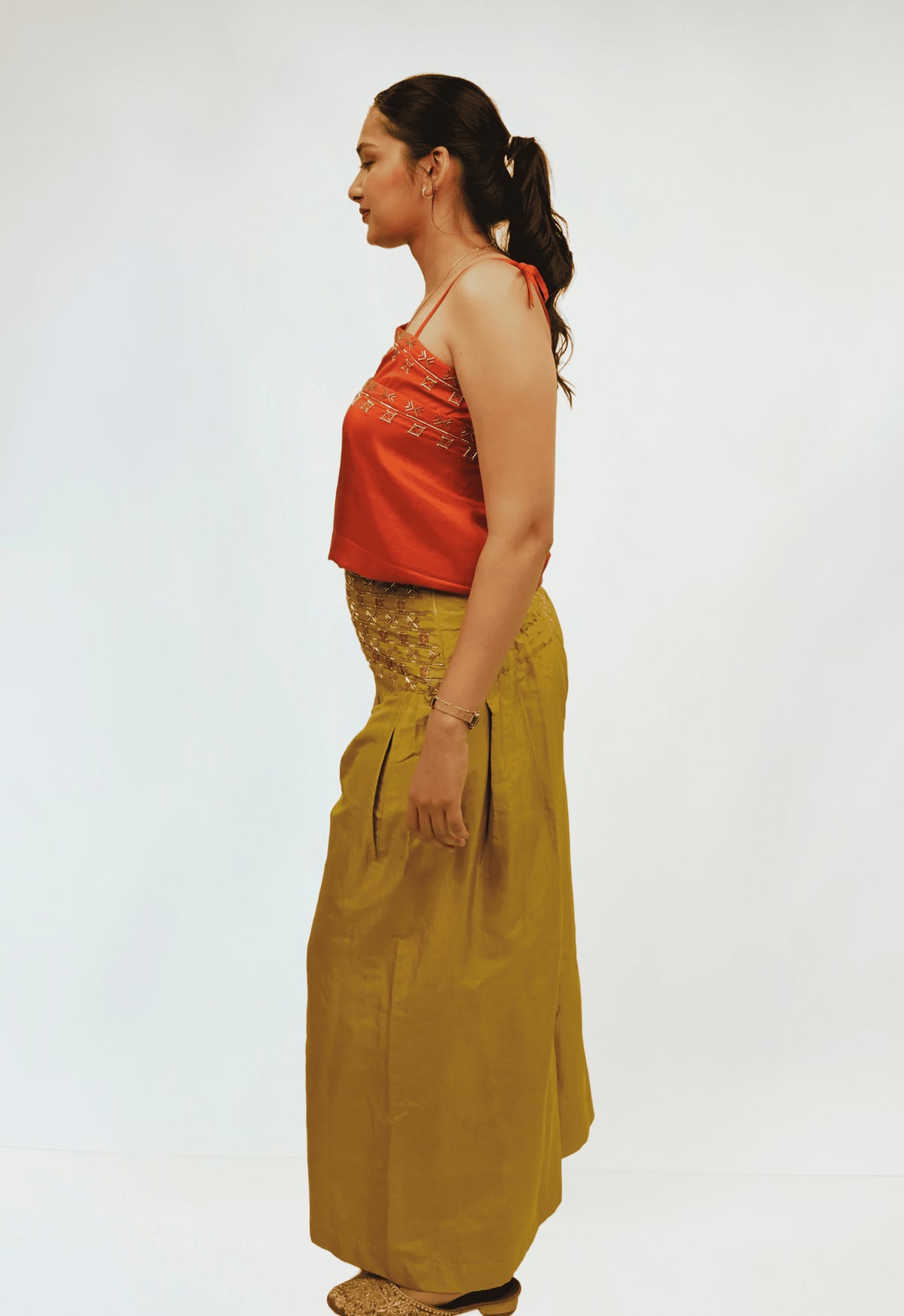 SEREN - Rust Orange Embroidered Camisole with Mustard Wide-Leg Pants