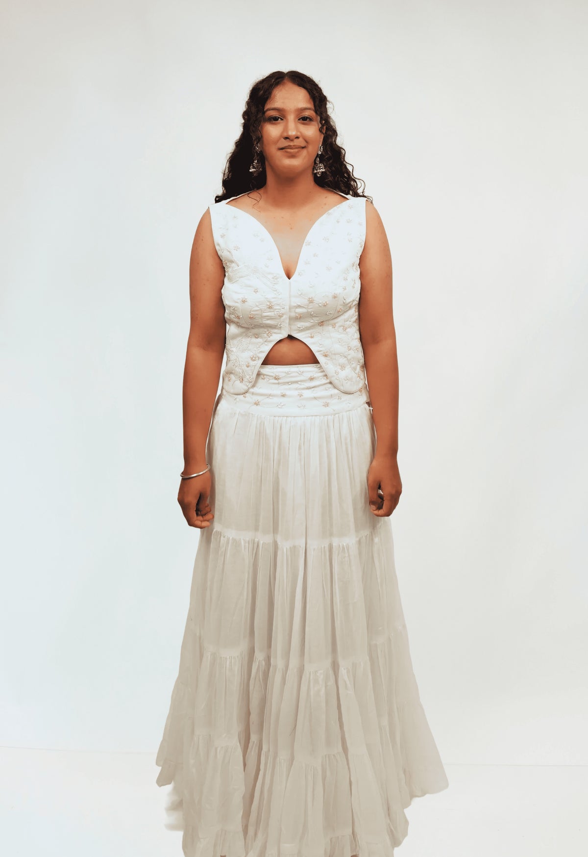 VANYA - Ivory Embroidered Waistcoat with Tiered Maxi Skirt
