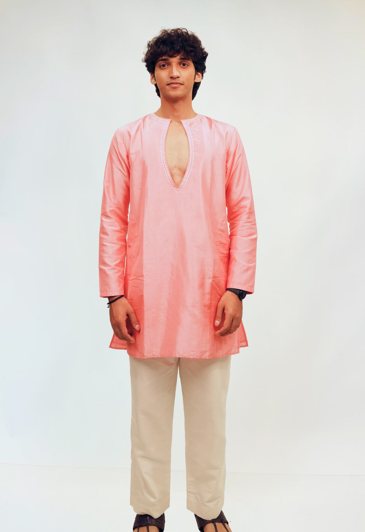 DEV - Blush Pink Silk-Finish Kurta with White Pants