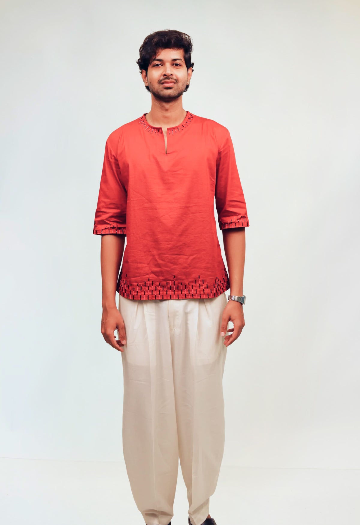 YUVAN - Coral Red Embroidered Kurta with White Dhoti Pants