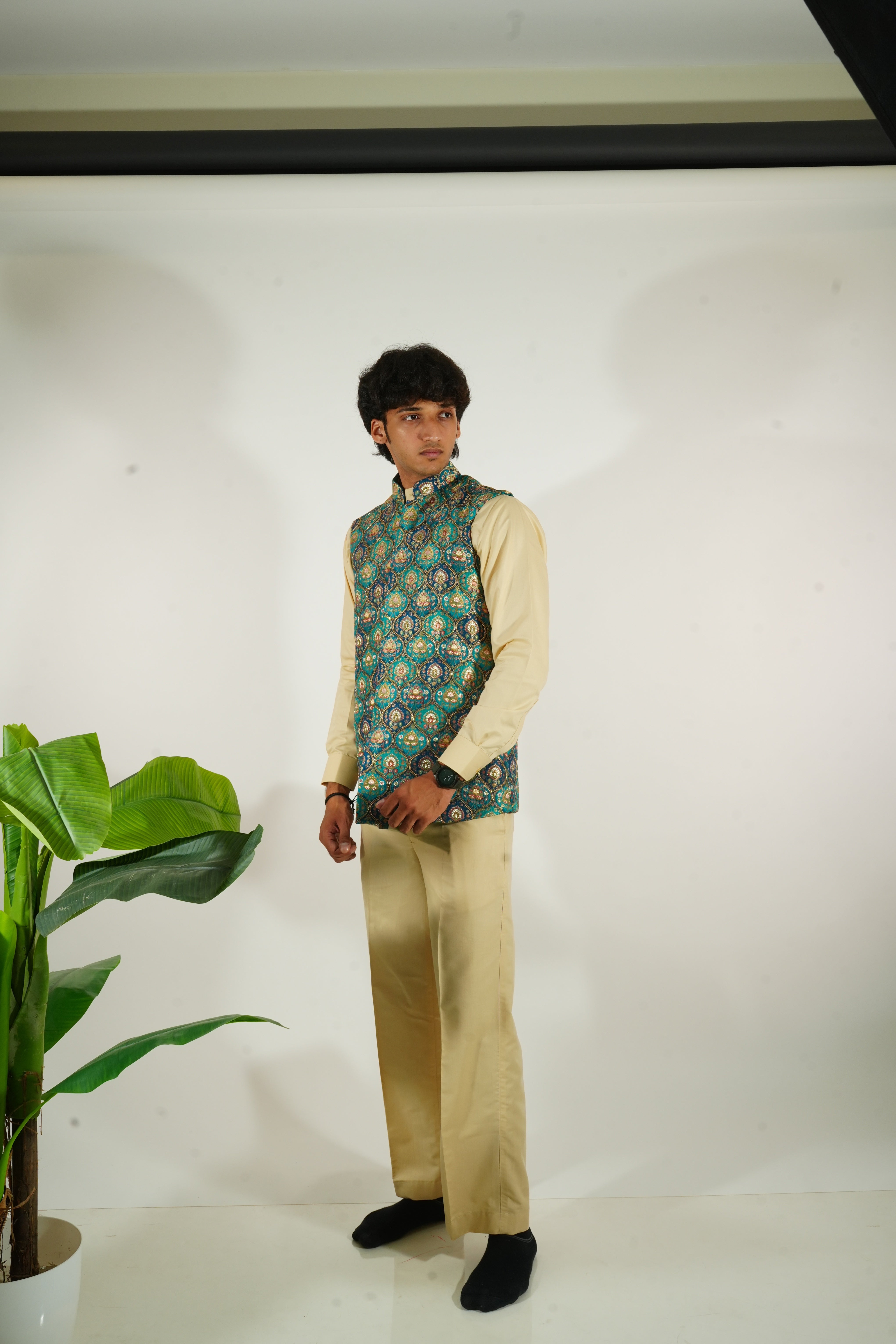 ARSH- teal mughal brocade nehru vest set