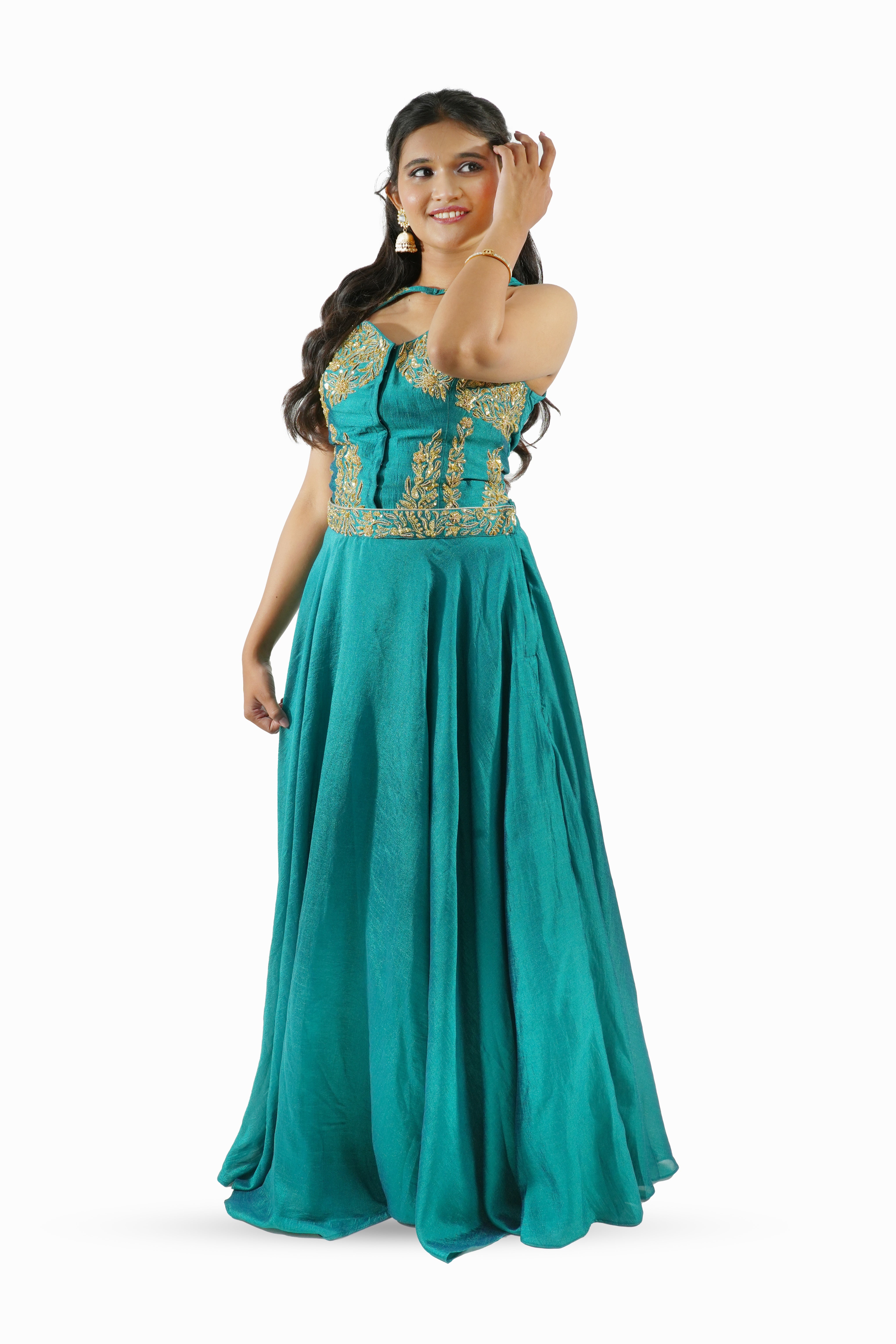 SAANJH - Teal Zardozi Halter Lehenga Set