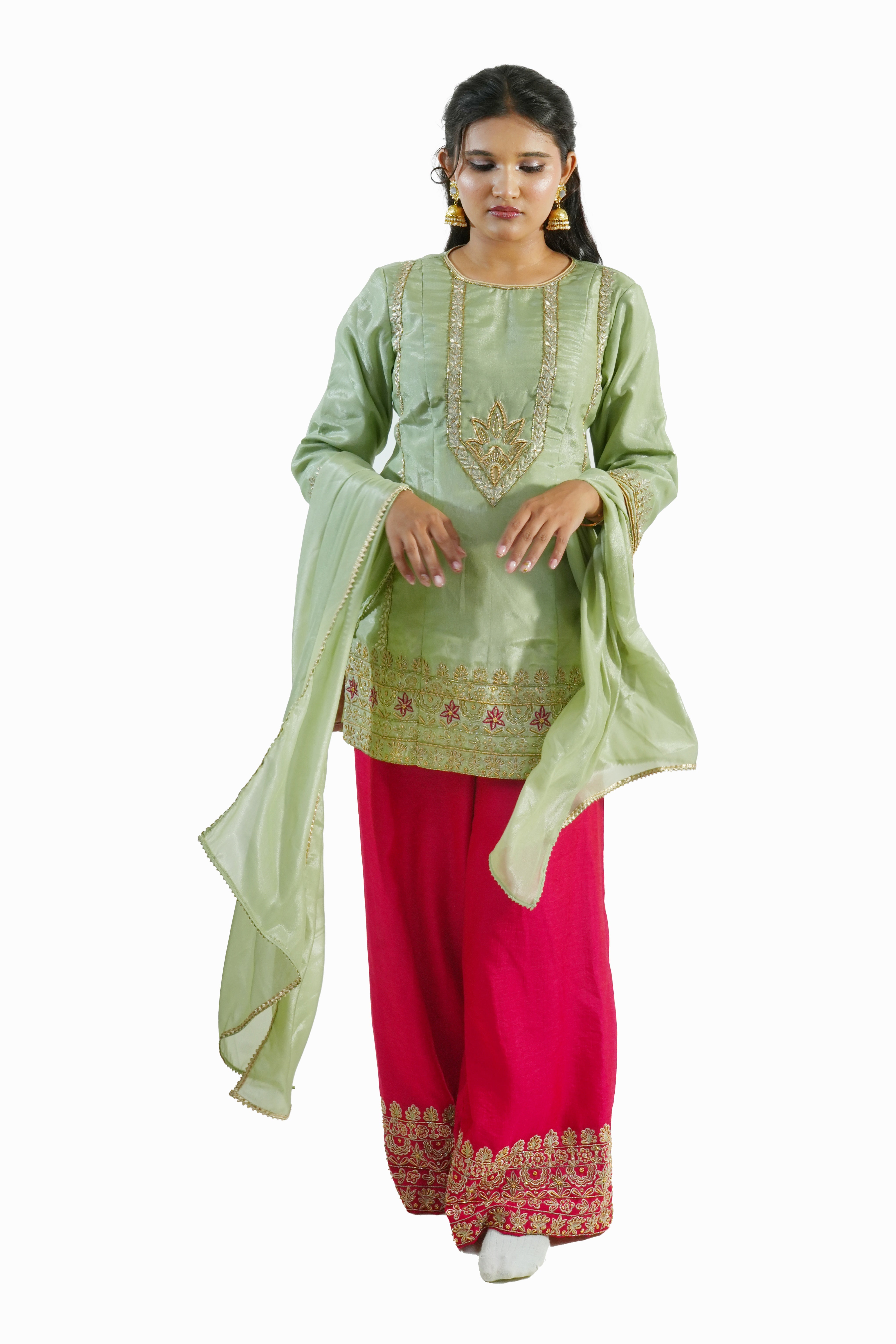 ROOHANI - Pista Green & Crimson Zardozi Sharara Set