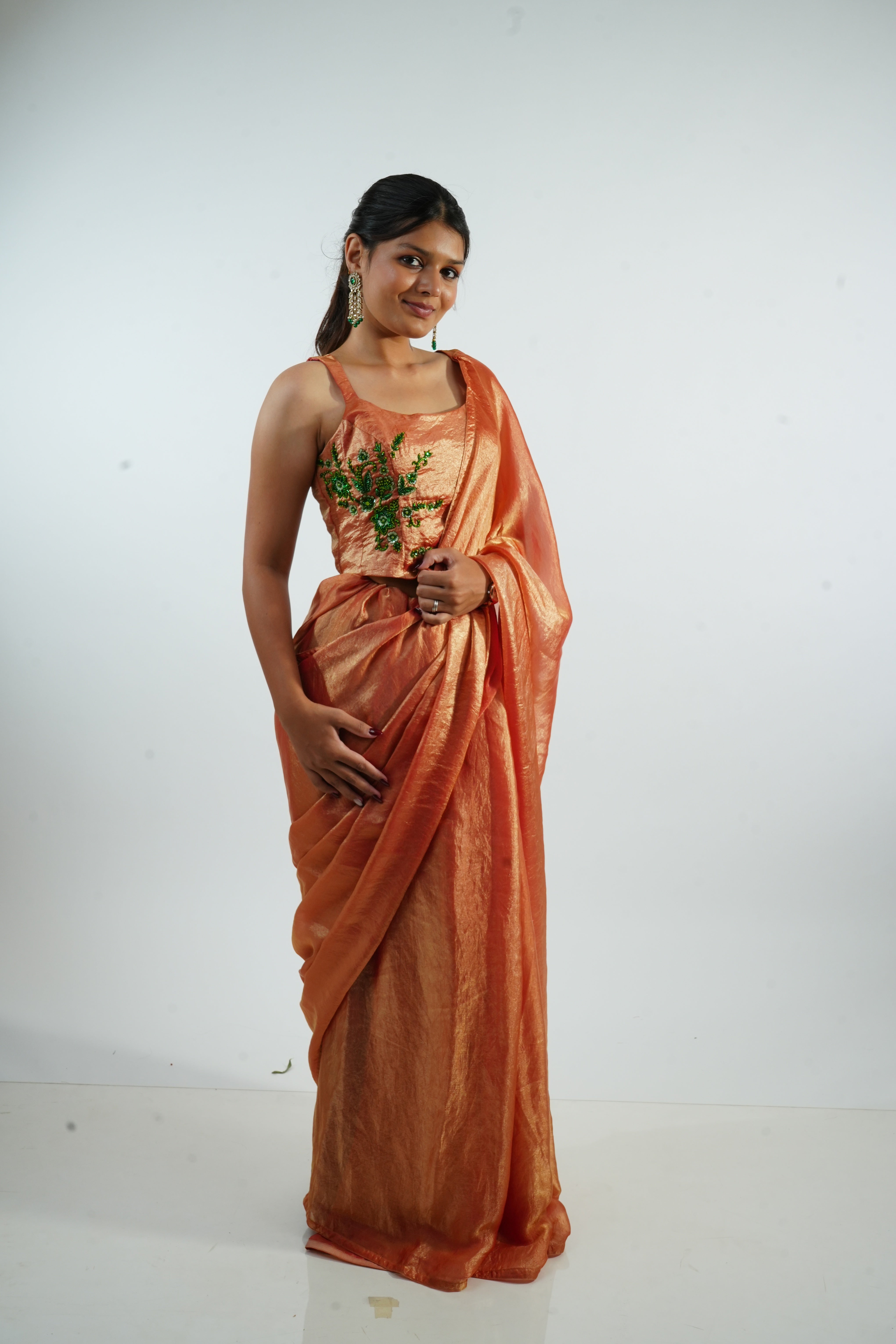 FALAK - Copper Tissue Saree with Green Zardozi Blouse
