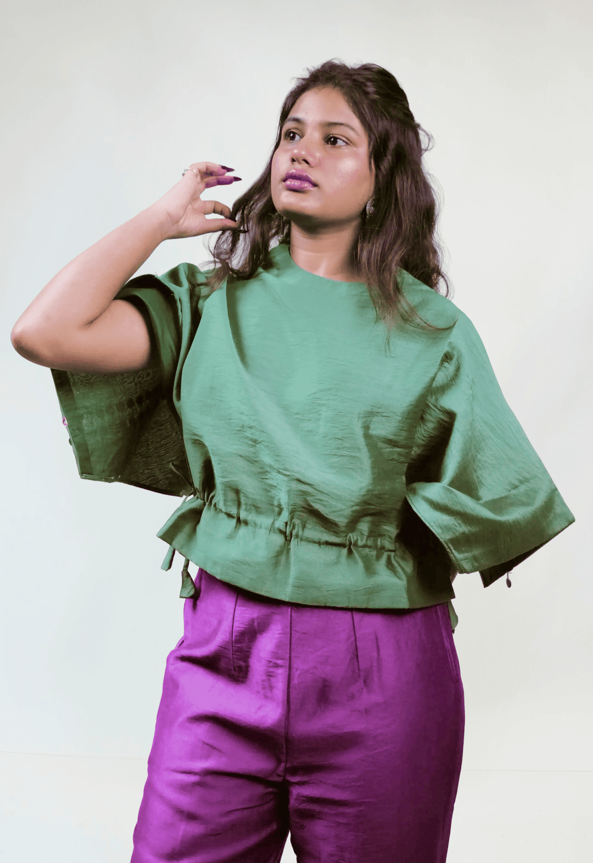 Emerald Green Embellished Top with Plum Straight-Leg Pants