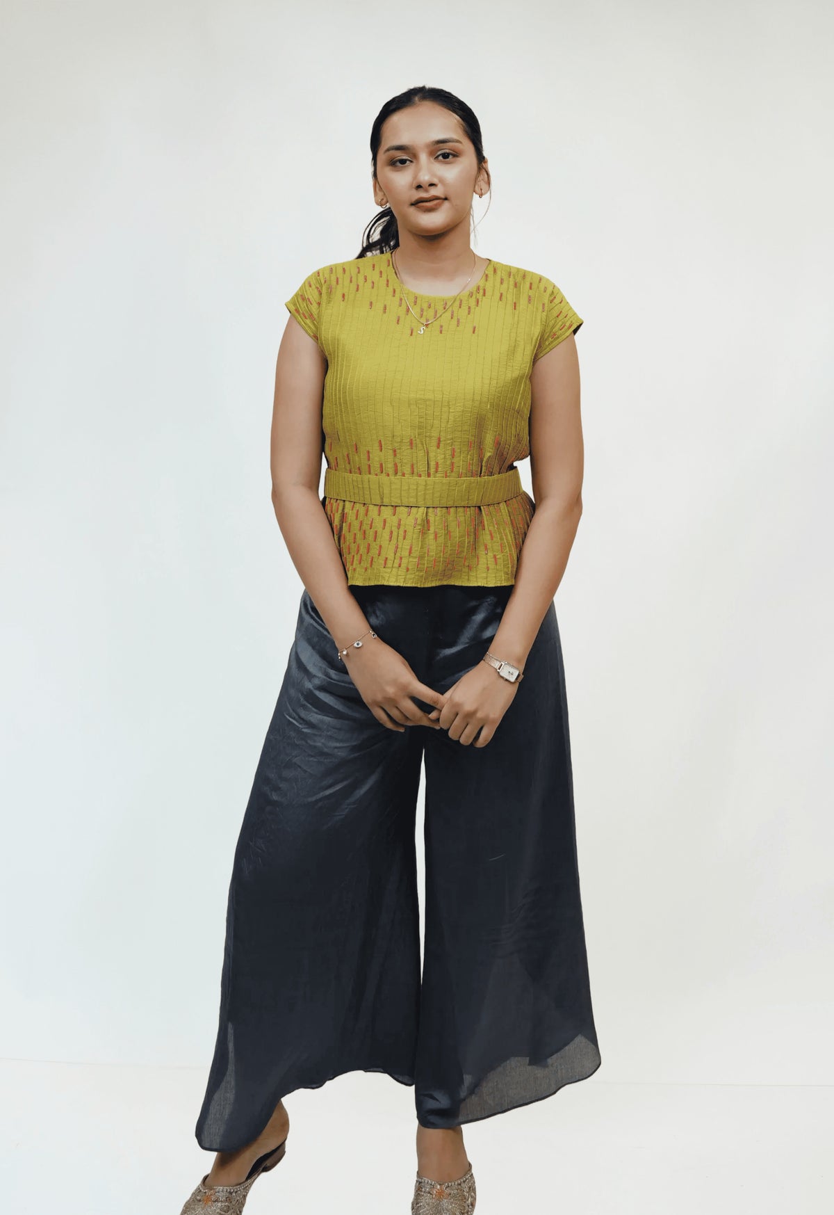 AURELIA - Olive Green Textured Embroidered Top with Black Wide-Leg Pants