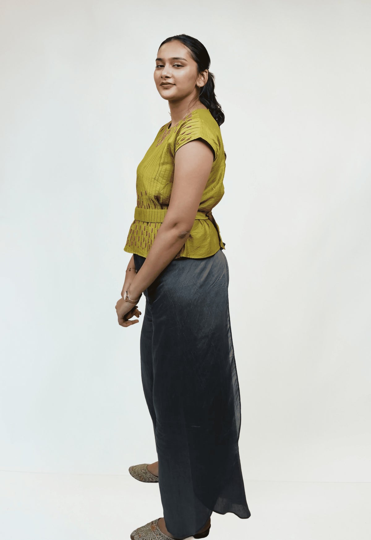 AURELIA - Olive Green Textured Embroidered Top with Black Wide-Leg Pants