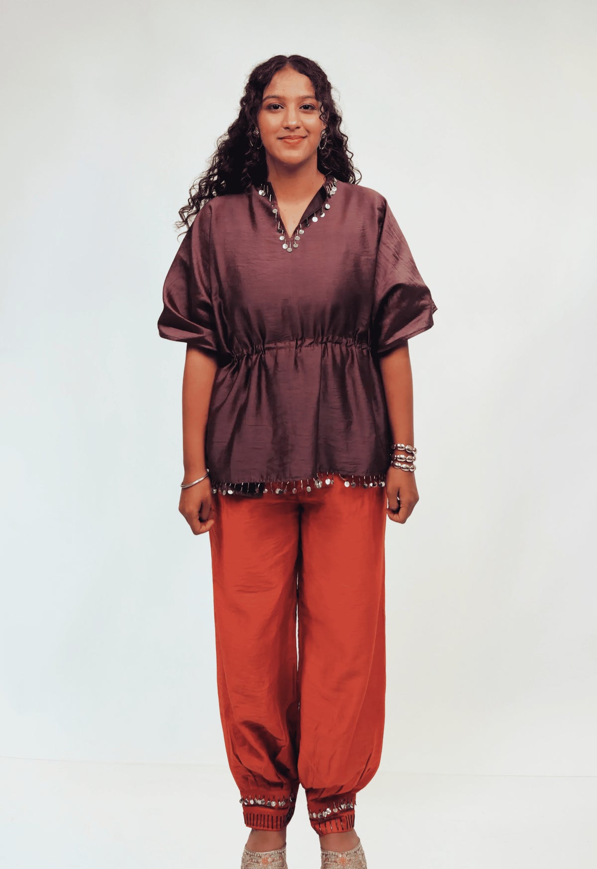 RAAS - plum kaftan and rust ballon pants