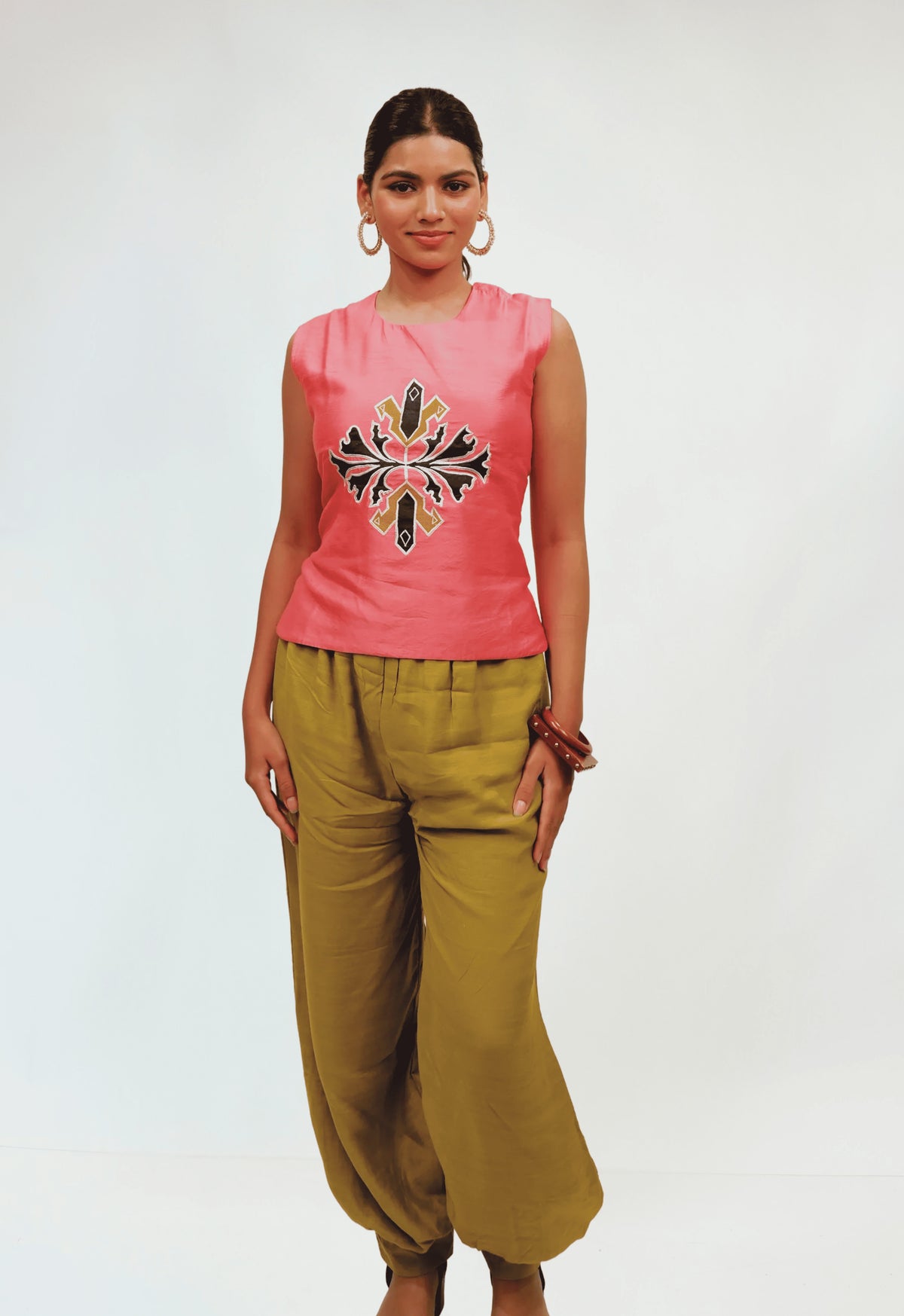 SIENNA - Coral Pink Embroidered Top with Olive Wide-Leg Pants