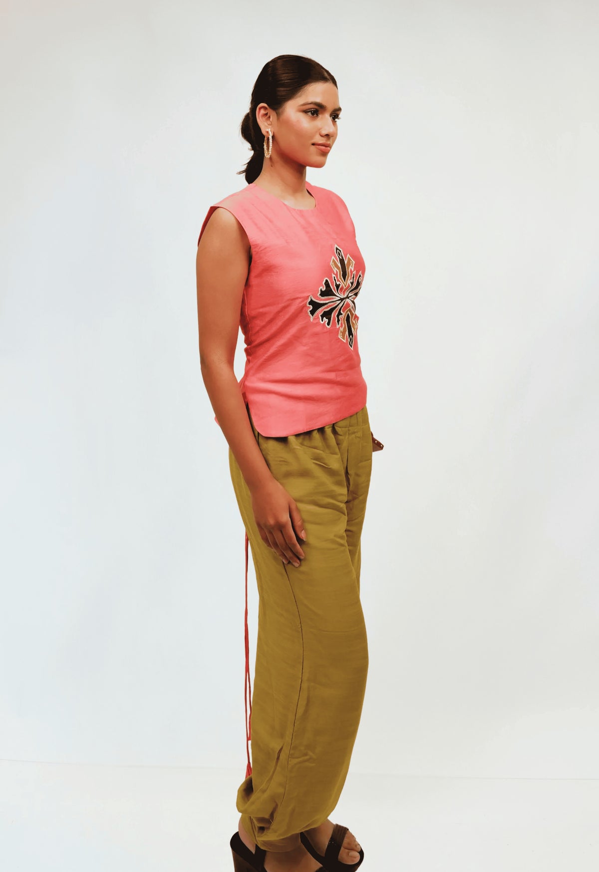 SIENNA - Coral Pink Embroidered Top with Olive Wide-Leg Pants