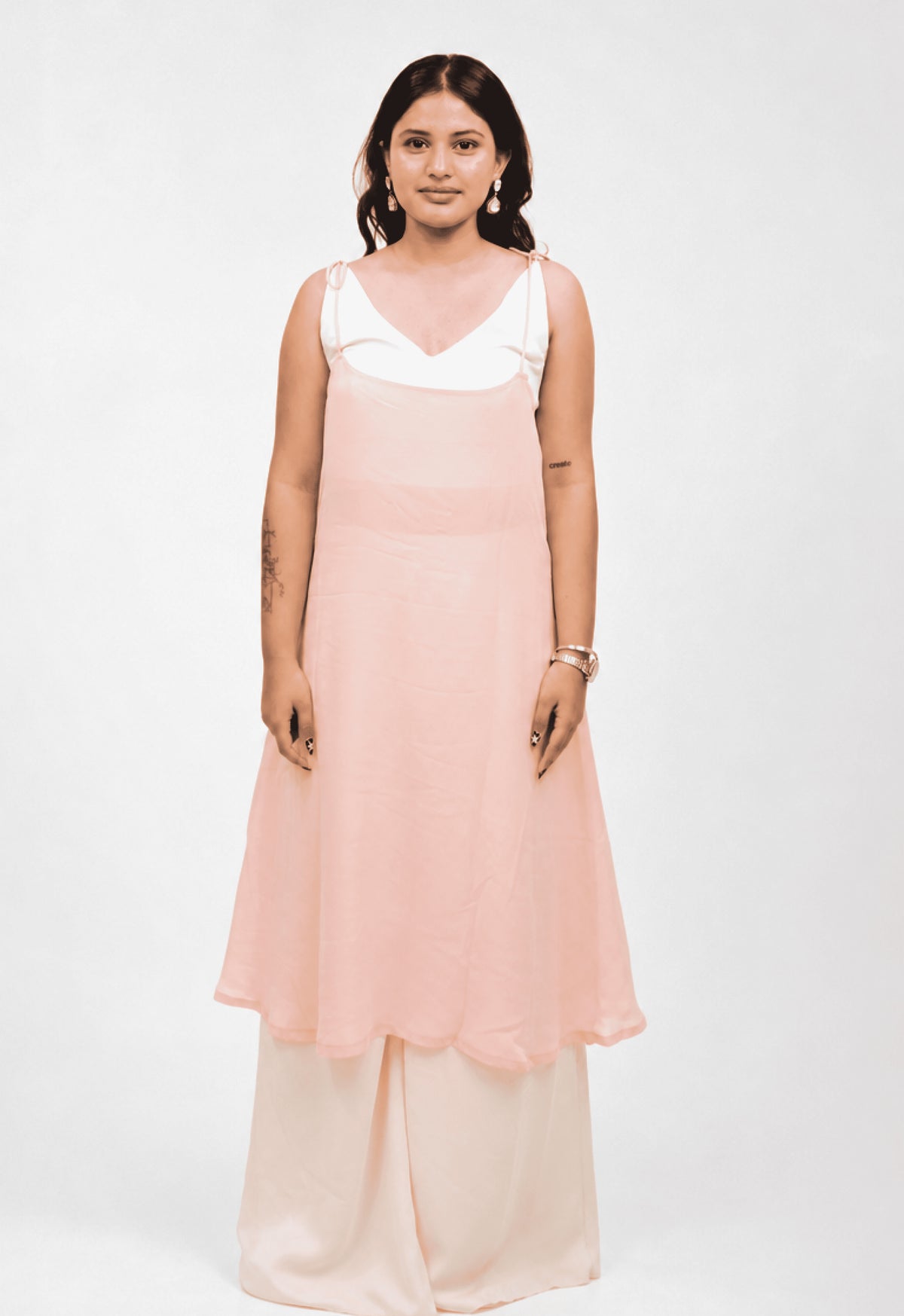 ELARA - Blush Pink Layered Camisole Dress with Wide-Leg Pants