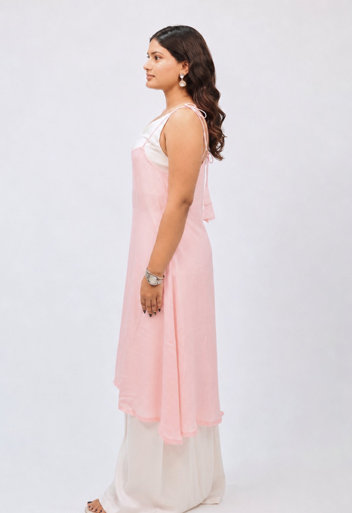 ELARA - Blush Pink Layered Camisole Dress with Wide-Leg Pants