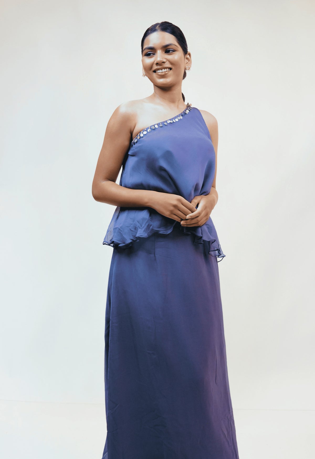 IVELLA - Periwinkle Blue One-Shoulder Ruffle Maxi Dress