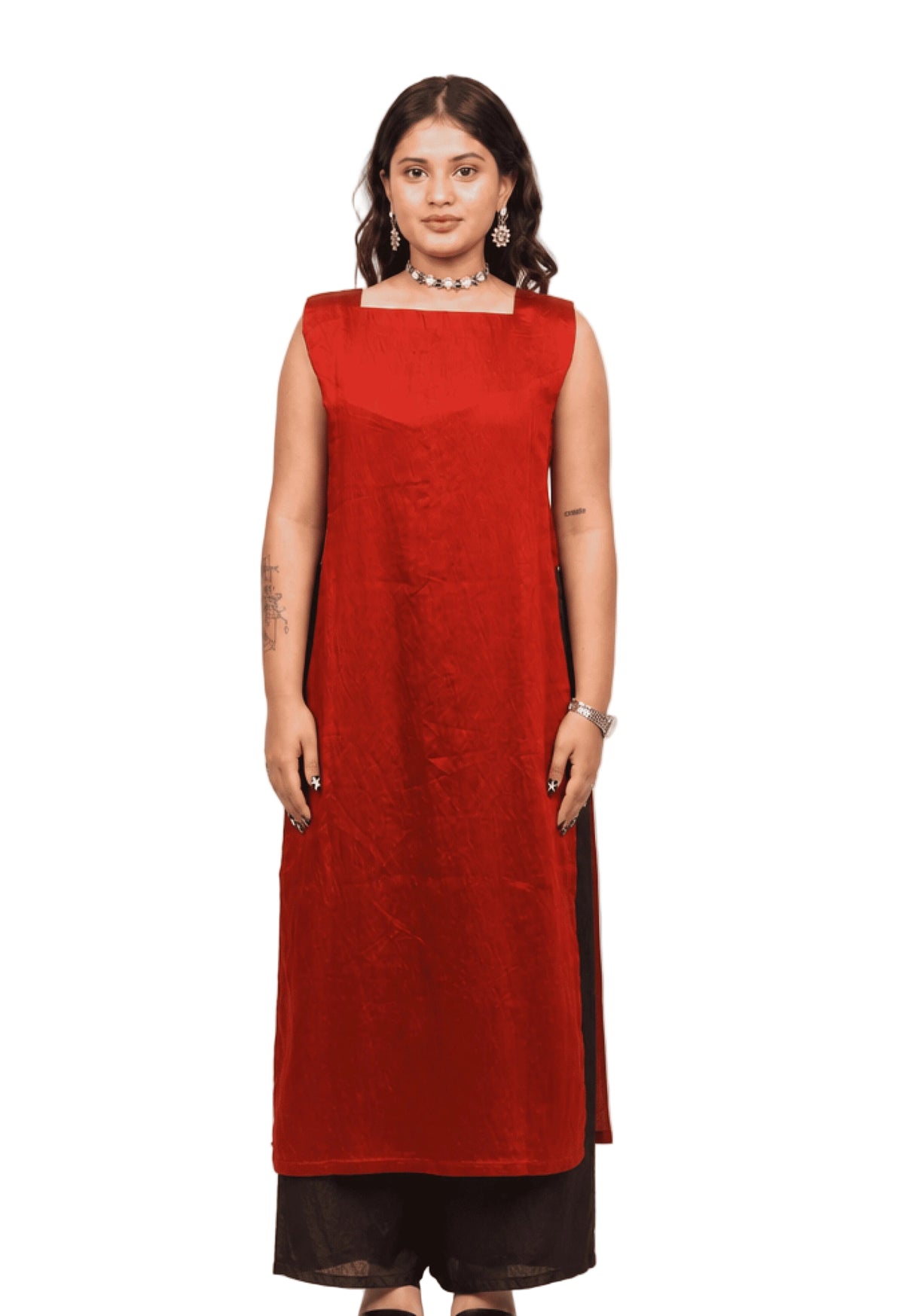 AROHI - Red Textured Sleeveless Straight Kurta with dark brown Bottoms