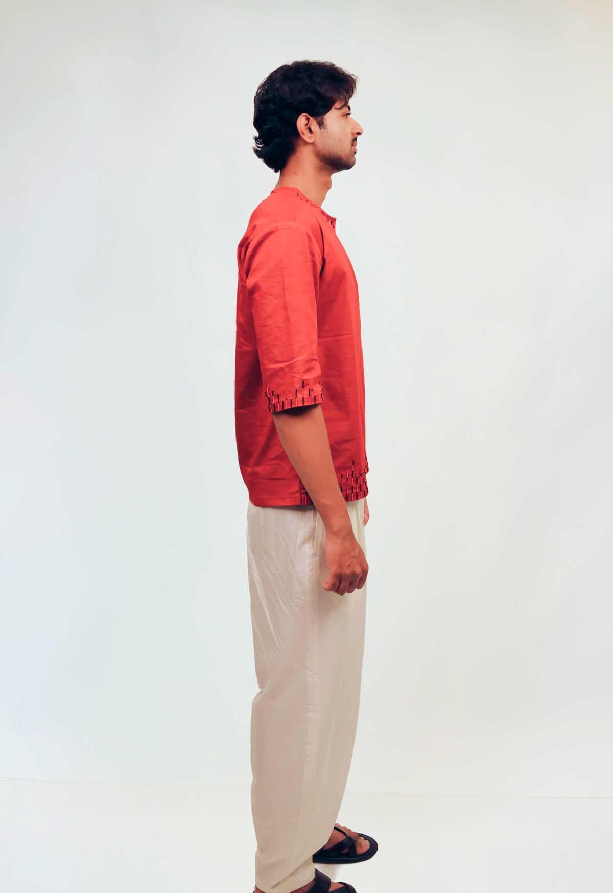 YUVAN - Coral Red Embroidered Kurta with White Dhoti Pants